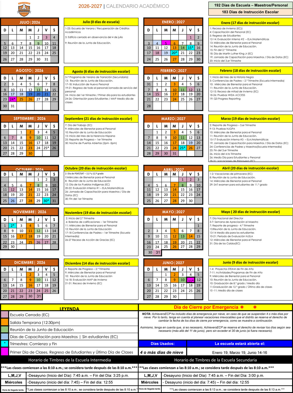 AECP School Calendar Spanish - 2026-2027